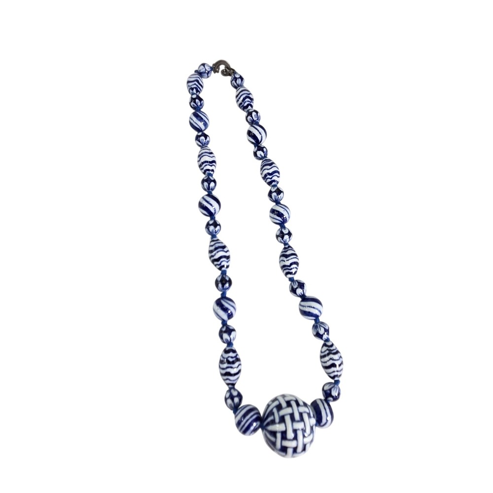 Blue Ceramic Porcelain Basket Weave Bead‎ Necklace Earrings Set Coco 925 - Picture 7 of 9